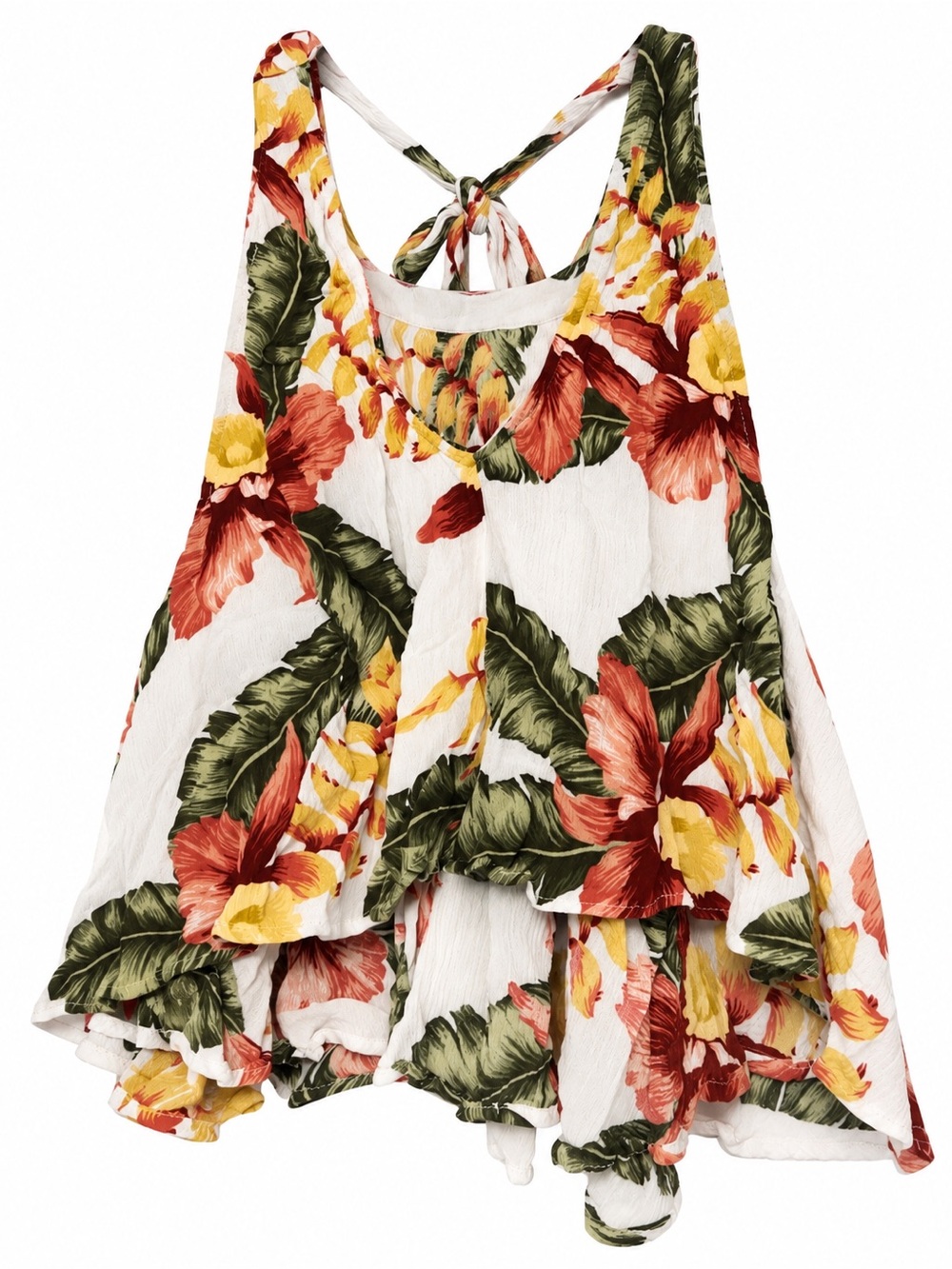 Mumu Floral Ruffle Halter Tank Top - White/Green/Pink